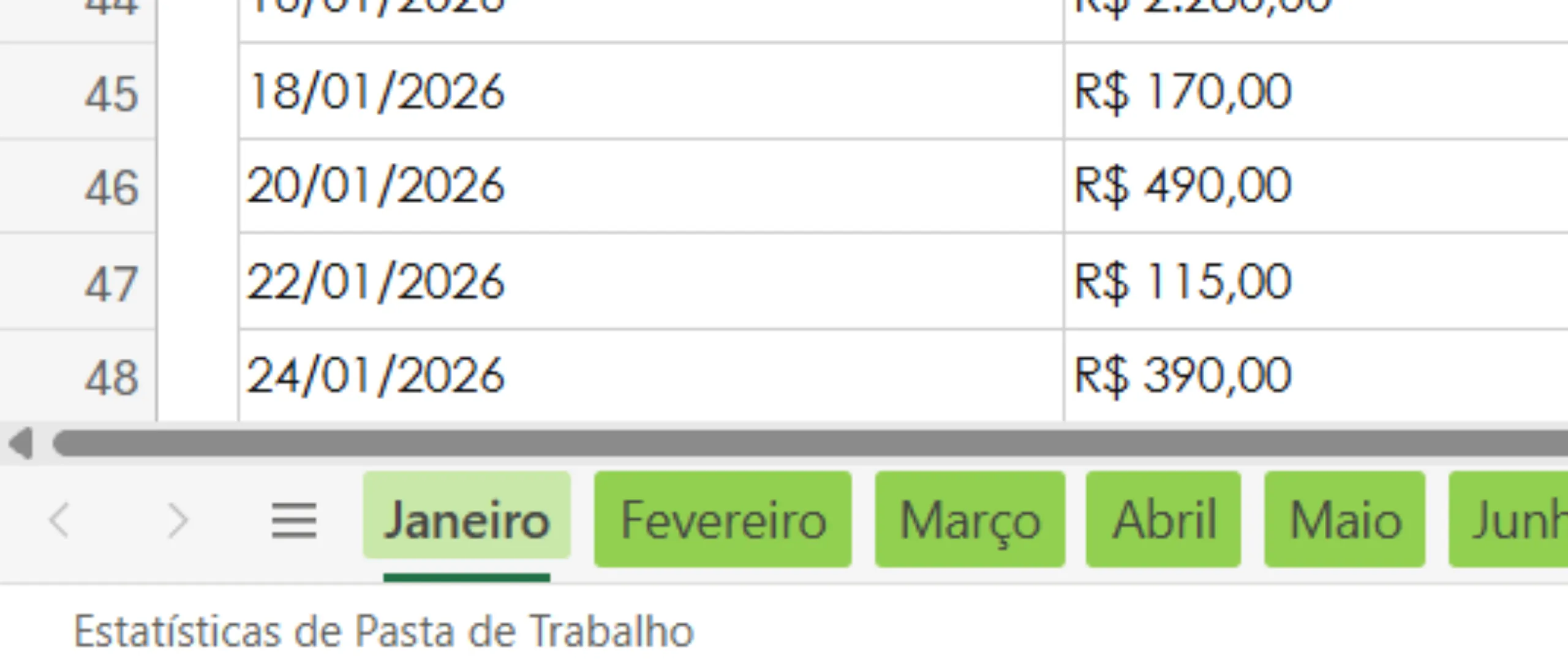 Visão panorâmica da estrutura das 12 abas mensais