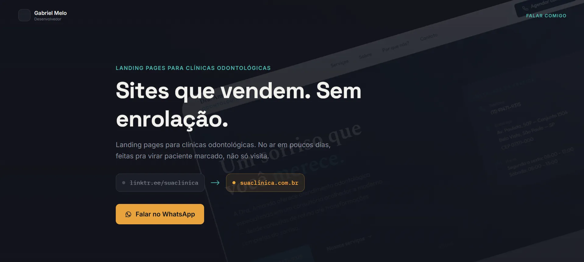 Landing Page, interface completa